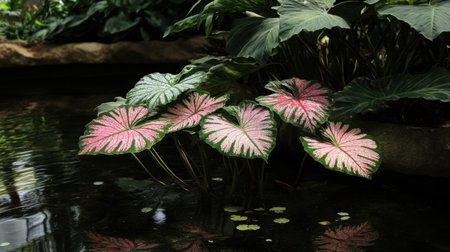 Beautiful caladium leaves with vibrant pink veins float beside serene water, creating a tranquil atmosphere surrounded by lush greenery in a peaceful botanical setting.の素材