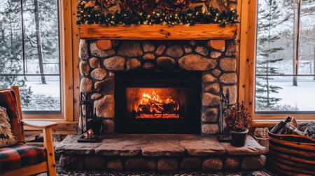 A warm and inviting stone fireplace enhances the rustic charm of a cozy cabin, with snow-covered trees visible outside, making it perfect for winter gatherings.の素材