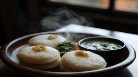 A beautifully presented plate of steaming idlis, complementing rich green chutney, garnished with fresh herbs, capturing the essence of traditional South Indian breakfast.の素材