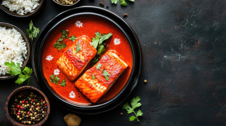 Experience a vibrant dish showcasing salmon filets in spicy red sauce, paired with fragrant rice and fresh herbs, perfect for culinary enthusiasts and food lovers.の素材