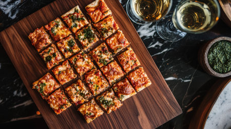 Experience the joy of sharing delicious rectangular pizza slices topped with cheese and fresh herbs, perfectly paired with elegant glasses of white wine for any occasion.の素材