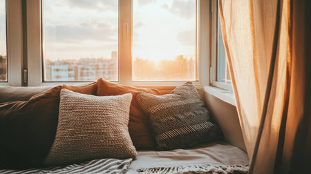 A cozy living room scene featuring soft pillows on a couch, bathed in warm sunlight from the window, evoking a relaxing and inviting atmosphere.の素材