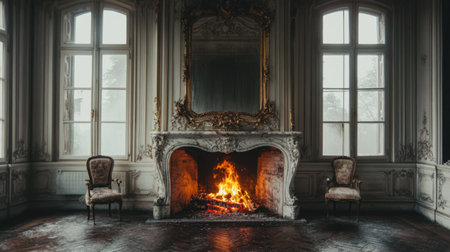 A stunning vintage room featuring a warm fireplace with a cozy ambiance, two elegant chairs, and beautiful windows showcasing a foggy outdoor scene, ideal for relaxation.の素材