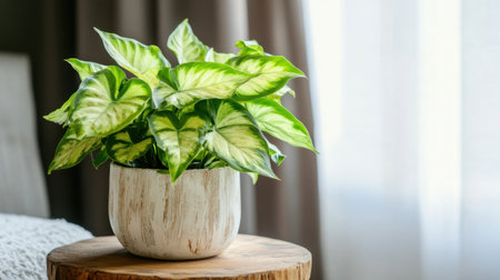 A lively indoor plant displayed in a rustic pot on a wooden stool, bathed in soft natural light, creating a warm and inviting atmosphere in a cozy interior.の素材
