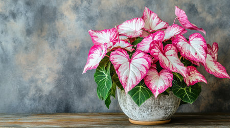 A beautiful caladium plant featuring vibrant pink and white leaves sits in an elegant pot, perfect for enhancing indoor spaces with a fresh, natural touch.の素材