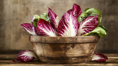 A beautifully arranged wooden bowl filled with vibrant red radicchio and fresh green leaf lettuce, embodying the essence of natural harvest and healthy eating.の素材