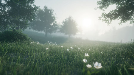 A tranquil morning scene featuring a misty meadow filled with delicate flowers and rich green grass, gently illuminated by soft sunlight peeking through trees.の素材