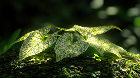 A captivating close-up of green leaves with intricate patterns illuminated by soft sunlight atop a mossy rock, showcasing nature's serene beauty and vibrant life.の素材