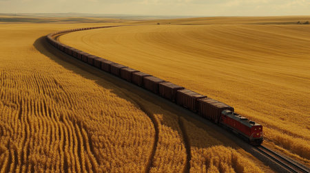 Explore the serene beauty of a freight train winding through expansive golden grain fields, showcasing the harmonious blend of transportation and nature's splendor.の素材