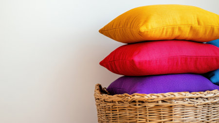 A striking arrangement of colorful cushions, including vibrant pink, orange, yellow, and purple, stacked neatly in a woven wicker basket on a neutral backdrop.の素材