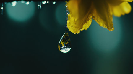 A striking close-up of a yellow flower petal with a droplet of water hanging delicately, capturing light and reflections in a beautiful natural setting.の素材