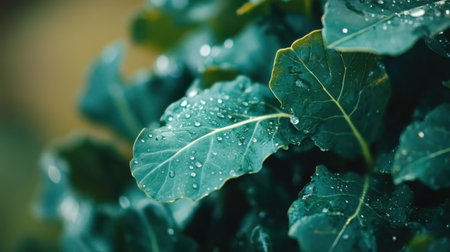 A stunning close-up image of fresh green leaves with glistening water droplets, embodying the essence of nature's beauty and the tranquility of a leafy environment.の素材