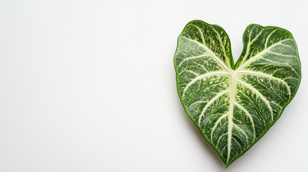 A stunning heart-shaped leaf is featured against a clean white background. The detailed green patterns create a serene natural aesthetic, perfect for botanical themes.の素材