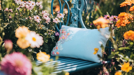 A serene garden scene featuring a soft embroidered pillow resting on a picturesque bench surrounded by vibrant flowers, creating an inviting spring atmosphere.の素材