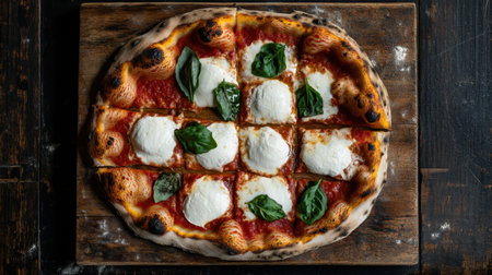 A mouthwatering Margherita pizza featuring creamy mozzarella and fresh basil sits atop a rustic wooden board. Perfect for culinary photography and food enthusiasts.の素材