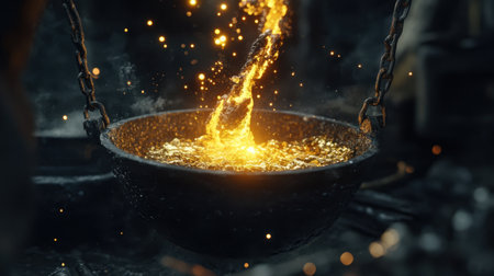 A mesmerizing scene of molten gold being poured from a ladle, illuminating the dark foundry with vivid sparks and showcasing the intricate process of metalwork.の素材