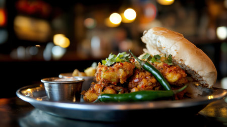 A mouth-watering crispy snack served in a soft bun, garnished with fresh herbs and chilies, beautifully arranged on a silver plate in a cozy restaurant setting.の素材