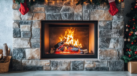 Enjoy a warm and cozy ambiance in a winter setting with a glowing fireplace, decorated mantel, and a beautiful Christmas tree to create holiday cheer.の素材