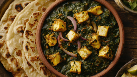 A rich and flavorful spinach curry featuring paneer cubes, presented in a rustic bowl alongside freshly made flatbread, capturing the essence of Indian cuisine.の素材