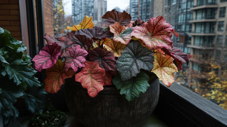 A stunning heuchera plant showcases vibrant, multicolored leaves in a cozy apartment. The backdrop features city buildings, creating a perfect blend of nature and urban living.の素材