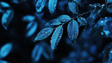 Captivating close-up view of blue leaves adorned with water droplets, creating a serene and tranquil atmosphere, perfect for nature lovers and art enthusiasts.の素材