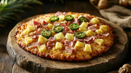 A mouthwatering pizza featuring juicy ham, sweet pineapple, and spicy jalapeの素材