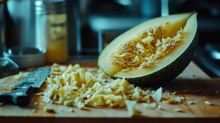 A vibrant scene featuring a freshly sliced melon on a wooden cutting board, showcasing its seeds and juicy flesh. Ideal for culinary or healthy lifestyle themes.の素材