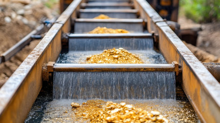 This image captures the intricate process of gold extraction in mining, where water flows over gold particles on a conveyor, emphasizing the industryの素材
