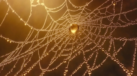 A captivating close-up view of a spider web adorned with tiny dew drops, capturing the essence of nature's beauty in the early morning light. Perfect for nature themes.の素材
