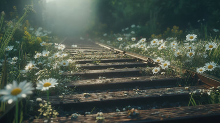 Discover a tranquil view of overgrown railway tracks adorned with delicate wildflowers, capturing nature's beauty in soft sunlight, perfect for serene themes.の素材