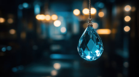 A captivating blue crystal drop pendant hangs in soft focus, illuminated by warm ambient lighting, creating a magical and enchanting atmosphere for any interior space.の素材