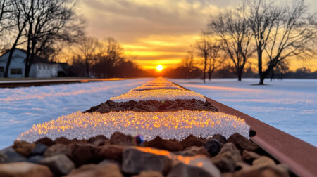 A stunning view of a sunset behind snow-covered railroad tracks, showcasing glimmering ice crystals and bare trees, creating a serene winter scene.の素材