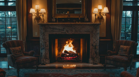 This charming interior scene showcases a cozy fireplace surrounded by elegant chairs, creating a warm and inviting atmosphere ideal for winter evenings and gatherings.の素材