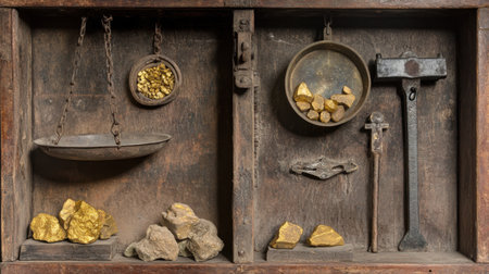 This vintage display features an array of gold nuggets and weighing tools in an antique cabinet, showcasing textures and elements of craftsmanship and history.の素材