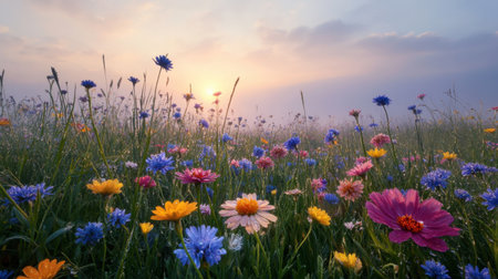 A breathtaking wildflower field teeming with colors under the gentle morning light. The scene captures the essence of serene nature, perfect for evoking peace.の素材