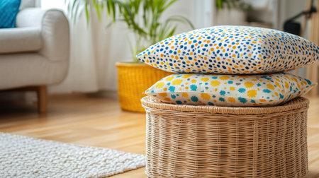 A beautifully arranged living room scene features colorful decorative cushions on a wicker storage basket, creating a cozy and inviting atmosphere with natural light.の素材