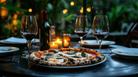 A beautifully arranged table featuring gourmet pizza and red wine, illuminated by candlelight, creating a warm and inviting atmosphere for a romantic dinner.の素材
