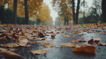 A serene view of a wet autumn pathway covered in fallen leaves, showcasing the beauty of nature during fall with vibrant colors and a tranquil atmosphere.の素材