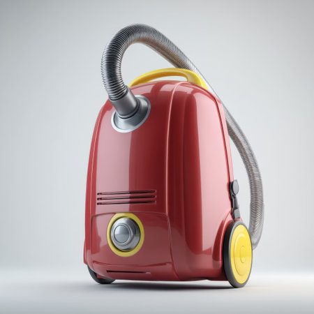 This vibrant red vacuum cleaner with yellow accents presents a modern design ideal for home cleaning. Its flexible hose enhances maneuverability for effortless tidying.の素材