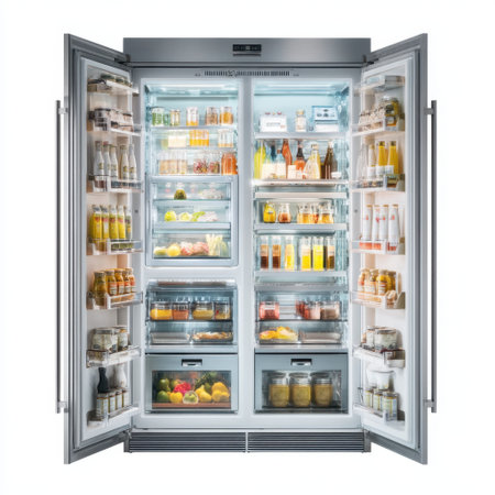 A modern refrigerator stands open, showcasing a well-organized interior filled with fresh food, beverages, and condiments for easy access and meal preparation.の素材