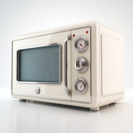 This vintage-style cream microwave oven features retro dials and polished chrome, adding a nostalgic touch to any kitchen decor. Perfect for retro aesthetics.の素材