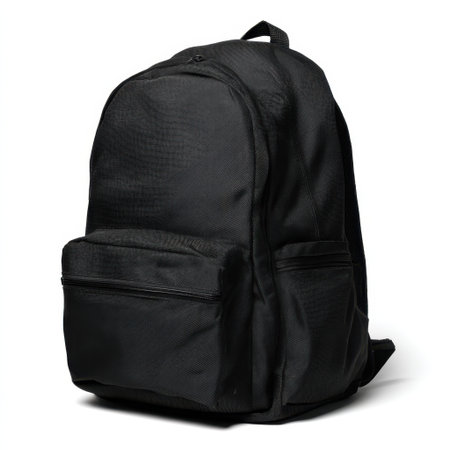 This sleek black backpack boasts a modern design, perfect for casual outings, school, or outdoor adventures. It features multiple compartments for organized storage.の素材