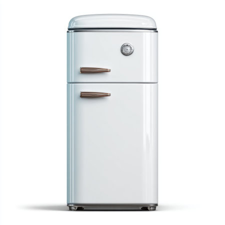 Classic vintage refrigerator showcasing a glossy white finish and charming chrome accents, perfect for adding a retro touch to any kitchen space with effective storage.の素材