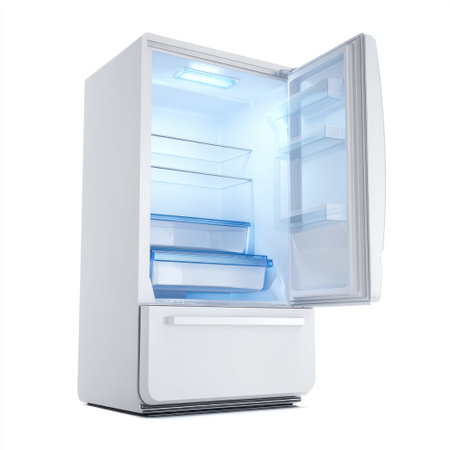 A clean and modern white refrigerator with an open door revealing its blue-lit interior. Ideal for showcasing food storage solutions, this appliance combines style and functionality.の素材