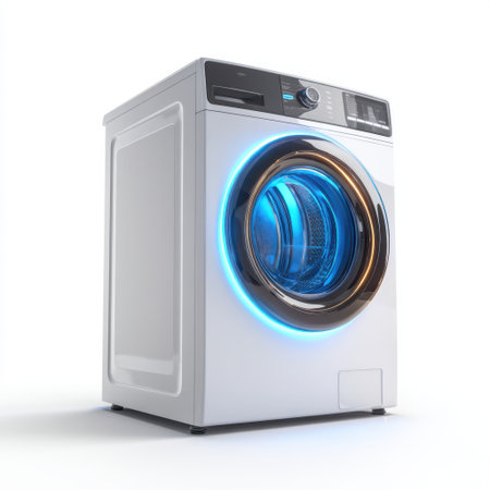 A modern washing machine featuring a sleek front load design with an LED light, perfect for efficient laundry. Ideal for contemporary homes seeking stylish functionality.の素材
