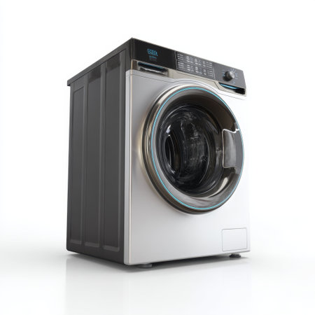 This modern front load washing machine features a sleek design, transparent door, and digital interface, providing an efficient and effective laundry solution for any home.の素材