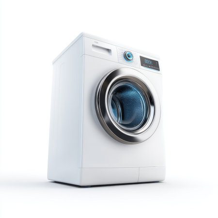 A sleek front-loading washing machine featuring a chrome finish and digital display, ideal for efficient laundry practices in contemporary home environments.の素材