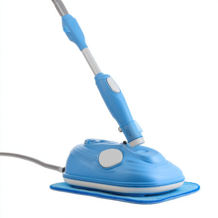 This modern blue steam mop offers an innovative cleaning solution for all floor types. Lightweight and efficient, it provides deep sanitation for a sparkling, hygienic home.の素材