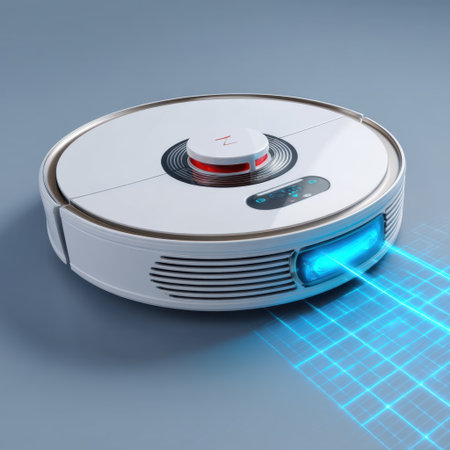 A sleek robotic vacuum cleaner showcasing advanced technology on a minimalist surface, perfect for promoting modern home cleaning solutions and smart living.の素材