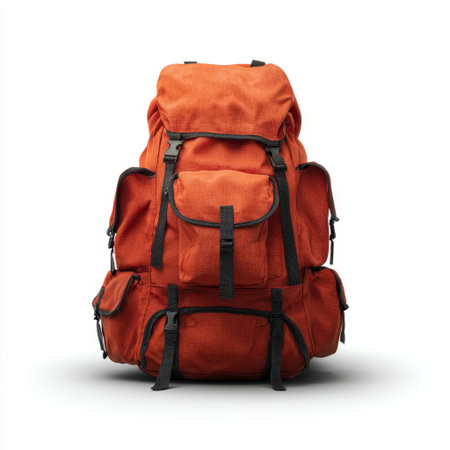 This vibrant orange backpack features multiple pockets and a spacious design, ideal for outdoor adventures, everyday use, and traveling activities. Perfect for hikers.の素材